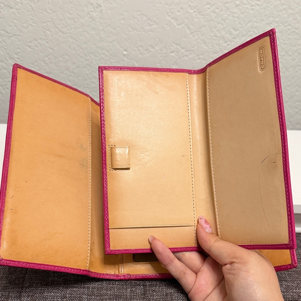 Coach Signature Canvas Leather Fuchsia Trifold Wallet with Checkbook - Picture 11 of 13